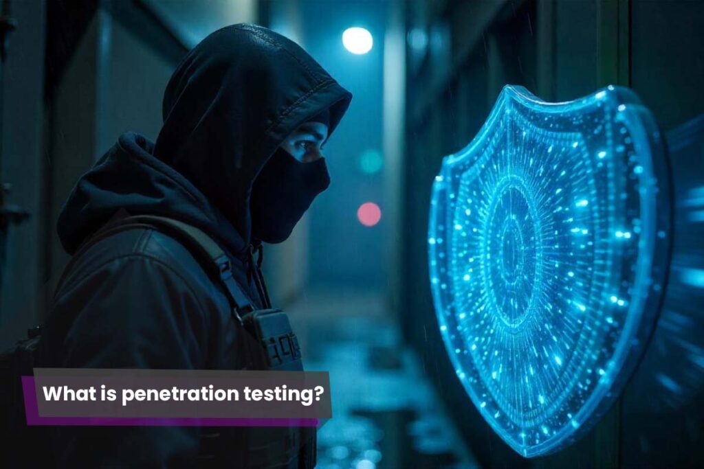 A cybersecurity professional analysing code on multiple monitors during a penetration testing simulation to identify vulnerabilities in IT systems.