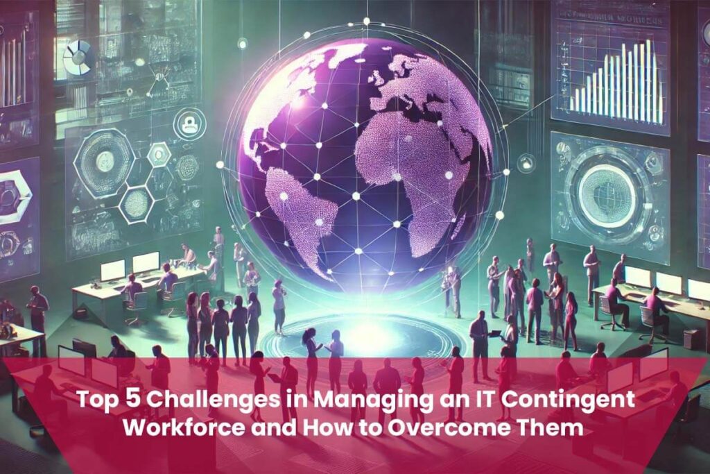 A futuristic digital globe surrounded by IT professionals representing collaboration between contingent and permanent workers in a modern office environment.