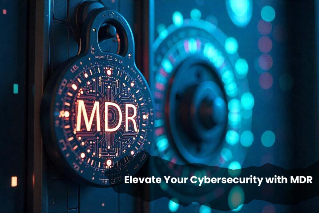Digital padlock with MDR text, symbolising Managed Detection and Response for enhanced cybersecurity.
