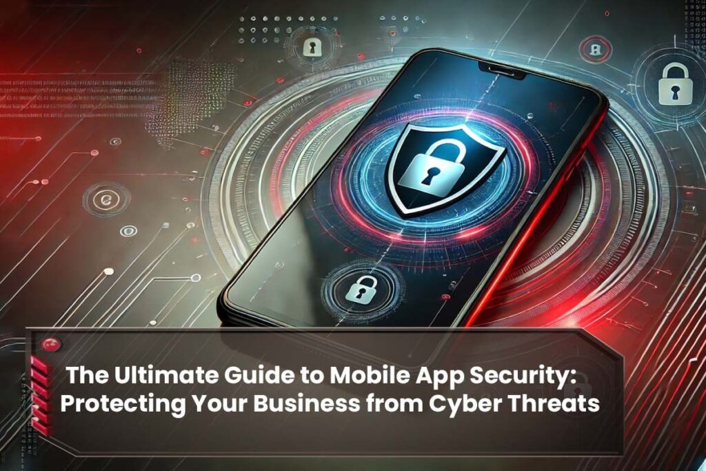 A stylized smartphone with a glowing lock shield on the screen, representing secure mobile app security against cyber threats.
