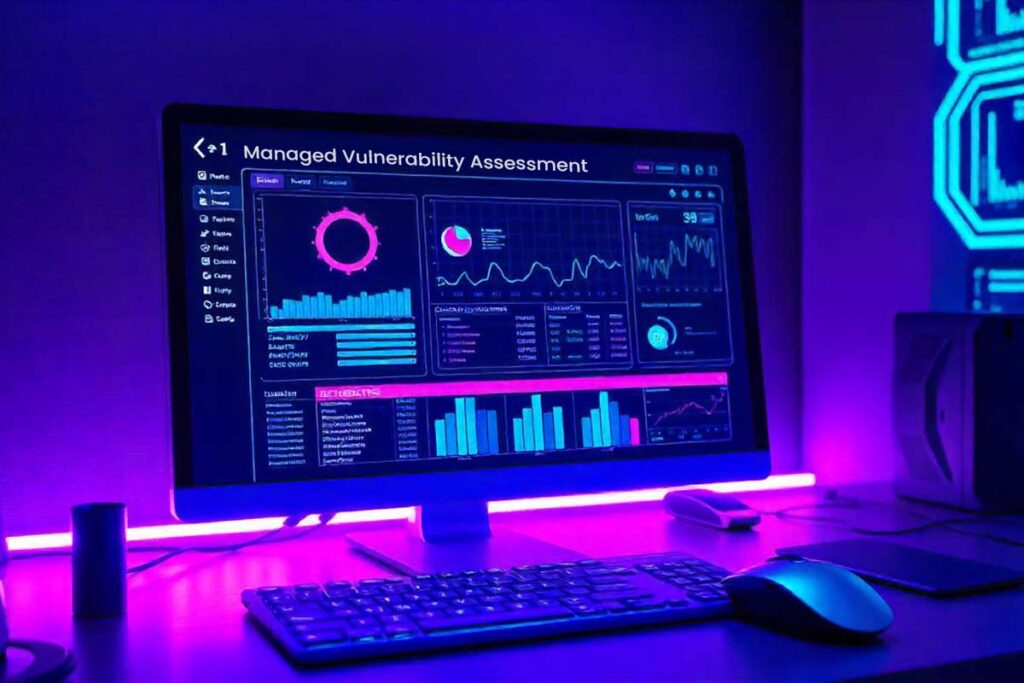 Computer screen displaying a managed vulnerability assessment dashboard with graphs, data visualizations, and real-time monitoring features.