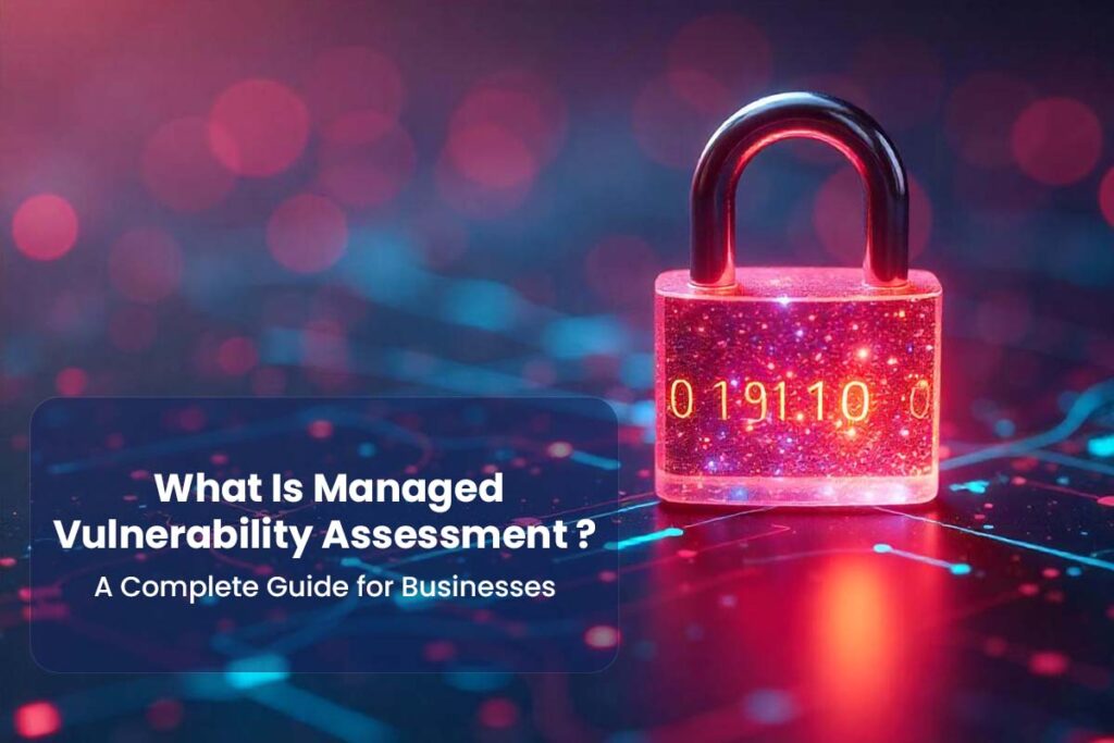 Visual representation of Managed Vulnerability Assessment with a glowing lock symbolising cybersecurity and protection against vulnerabilities.