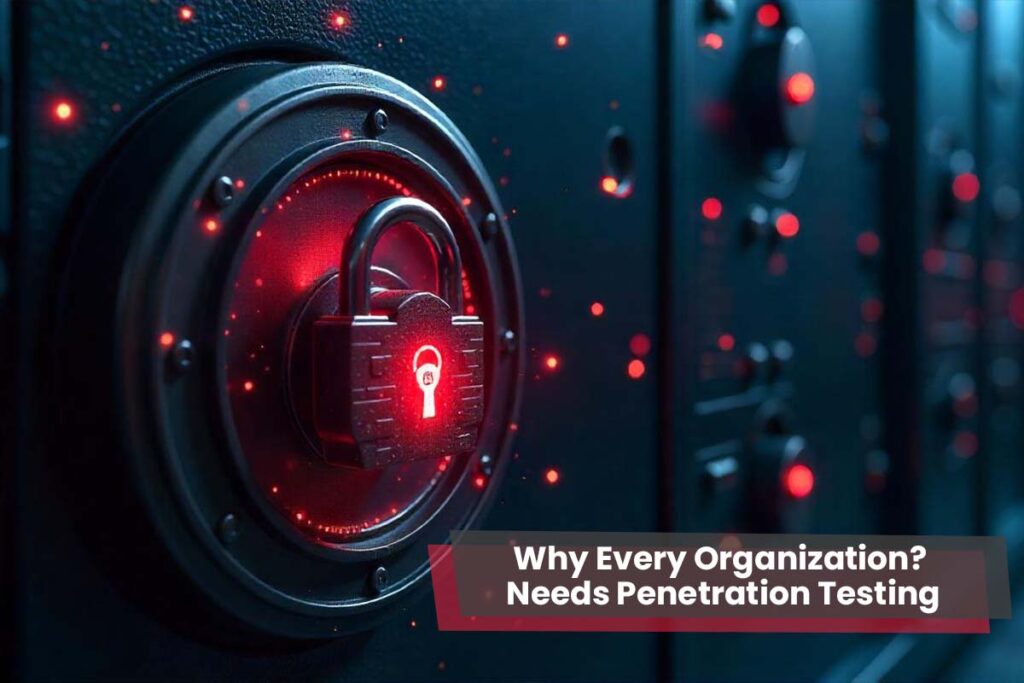 Secure server with a red glowing lock symbolizing the importance of penetration testing in identifying cybersecurity vulnerabilities.