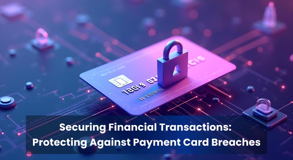 Securing financial transactions with cybersecurity measures to protect against payment card breaches, featuring a lock on a credit card