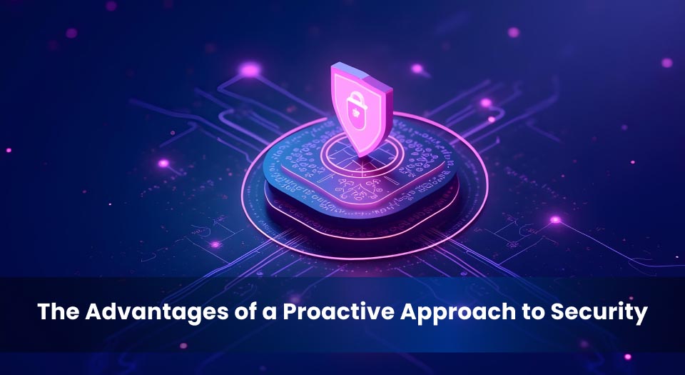 A vibrant image of a glowing pink shield with a lock icon in the center, resting on a circular, futuristic platform with digital circuits radiating outward, symbolizing advanced cybersecurity measures and proactive protection.