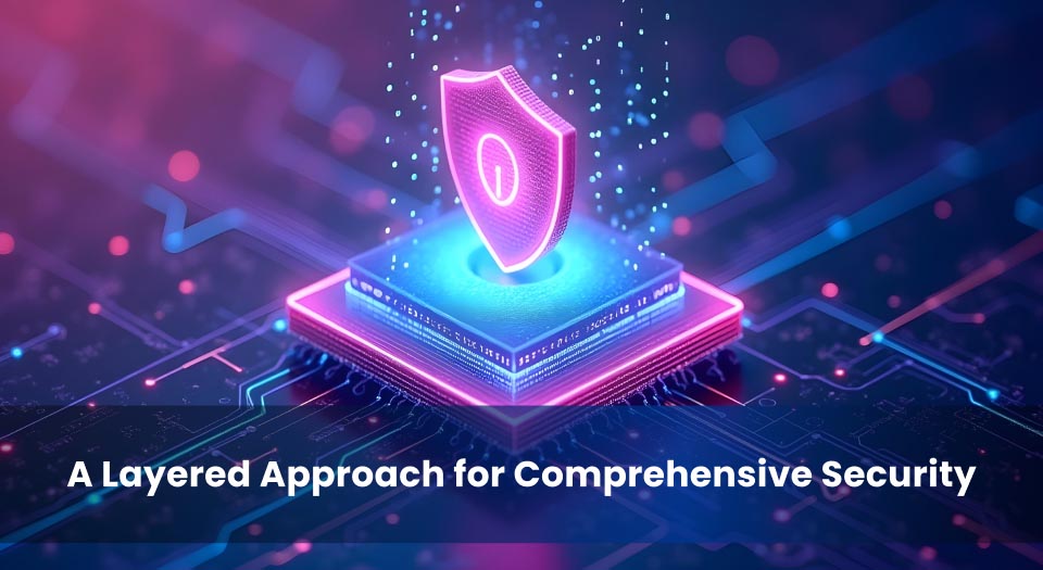 A glowing shield icon representing layered cybersecurity protection, placed on a digital platform surrounded by circuits, illustrating the integration of Managed VA and Pen Testing