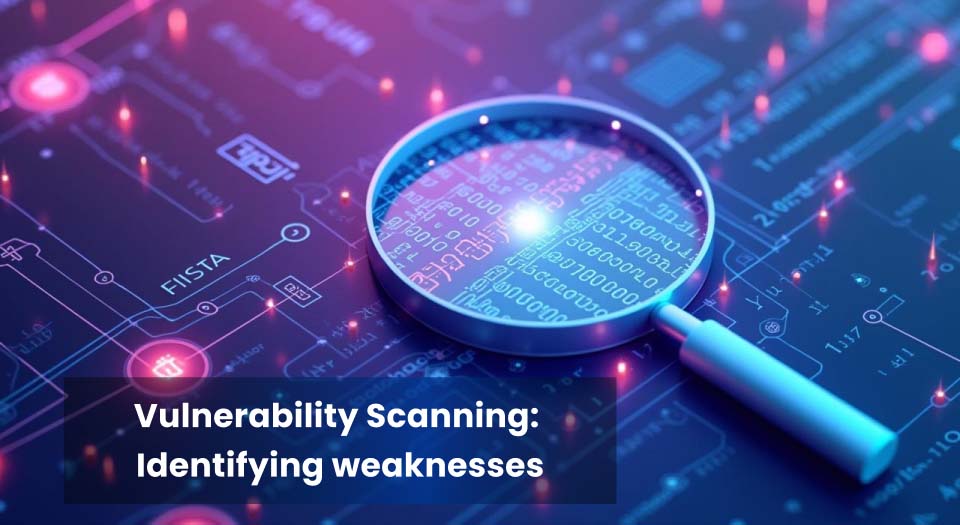 Magnifying glass highlighting digital vulnerabilities in a network, representing the process of vulnerability scanning to identify weaknesses in cybersecurity.