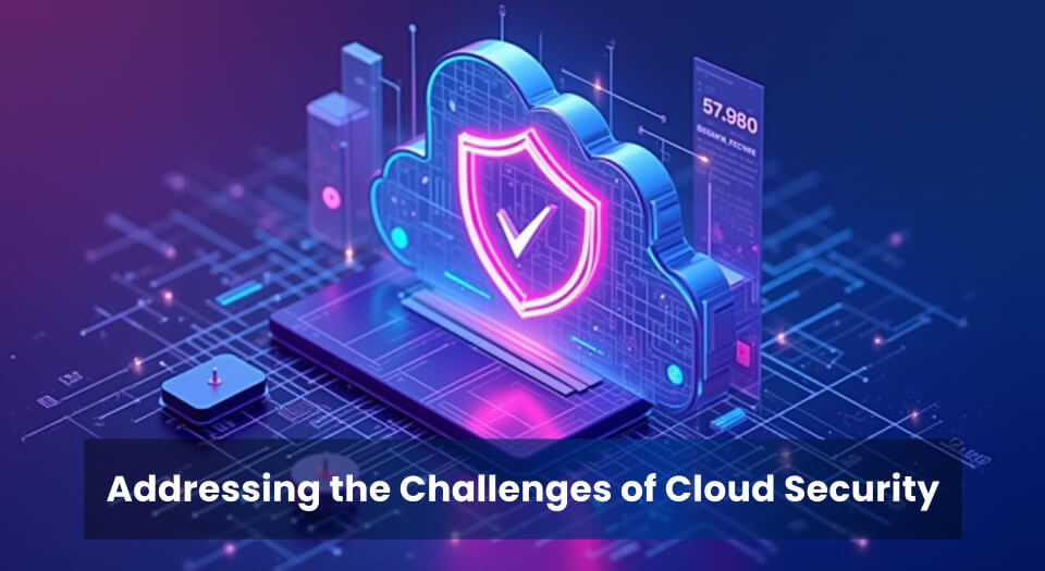 A 3D illustration of a glowing cloud-shaped shield with a checkmark in the center, symbolizing robust cloud security. The background features a futuristic network grid with data points and holographic elements, representing digital transformation and cybersecurity.