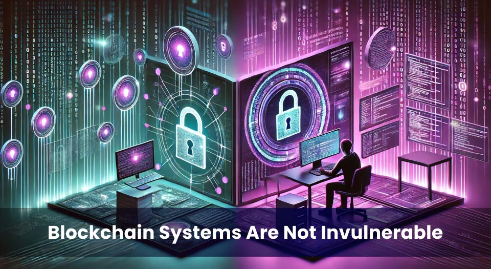 A split-screen 3D digital illustration in shades of purple, teal, and pink. The left side depicts a secure blockchain network with glowing interconnected nodes and locks, symbolizing robust security. The right side shows a hacker in a dimly lit room working on multiple screens, representing potential vulnerabilities in blockchain systems. The image emphasizes the contrast between security and threats, with a modern and futuristic design.