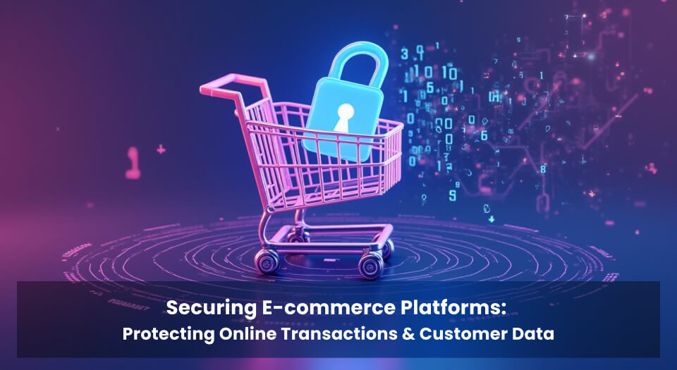 Securing e-commerce platforms with cybersecurity measures to protect online transactions and customer data, featuring a shopping cart and a lock.