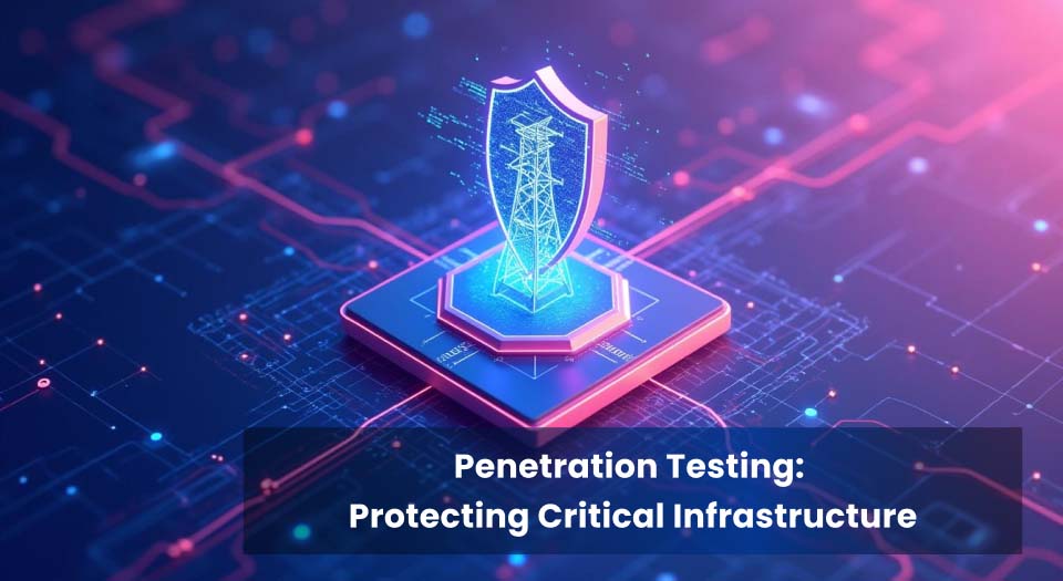Digital shield protecting critical infrastructure, symbolising the role of penetration testing in identifying vulnerabilities and securing essential systems.