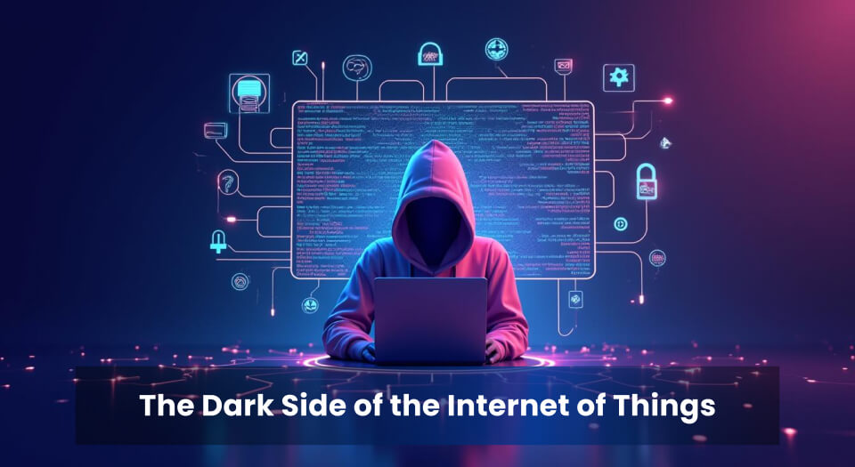 A hooded figure working on a laptop, symbolizing cyber threats in IoT ecosystems, surrounded by a glowing digital network with icons representing IoT devices and security challenges.