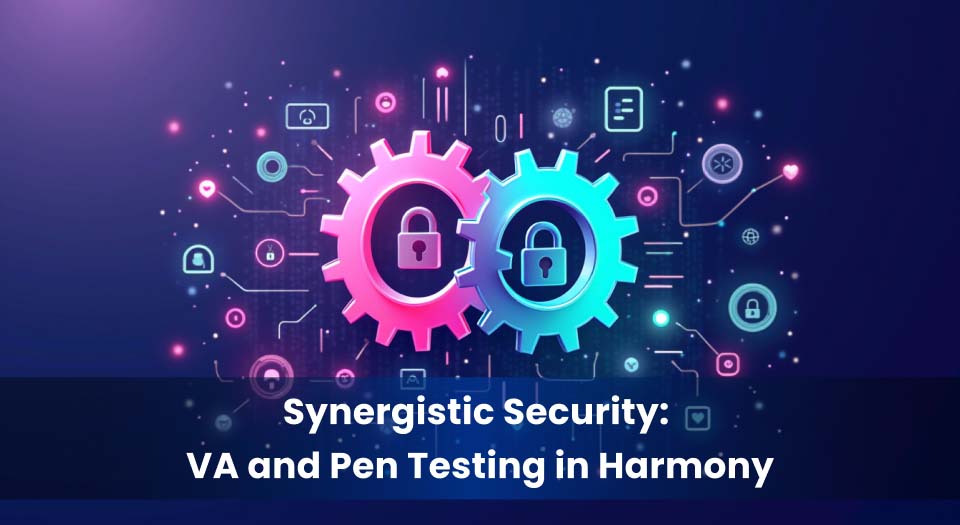 Two interlocked gears, one pink and one blue, symbolizing the collaboration between Vulnerability Assessment (VA) and Penetration Testing. The gears feature padlock icons, representing cybersecurity, with a background of interconnected digital symbols illustrating network security and data protection.