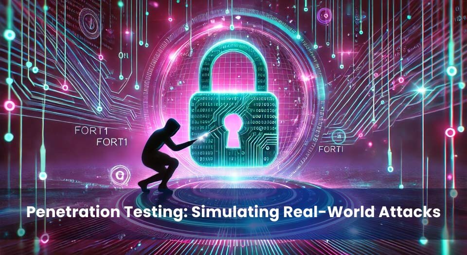 A futuristic digital illustration of a silhouetted ethical hacker attempting to pick a glowing lock, symbolizing penetration testing in cybersecurity. The background features interconnected networks, binary code, and neon elements in shades of purple, teal, and pink, representing digital transformation and security. The text overlay reads, "Penetration Testing: Simulating Real-World Attacks," aligning with the evolving cybersecurity landscape in 2025.