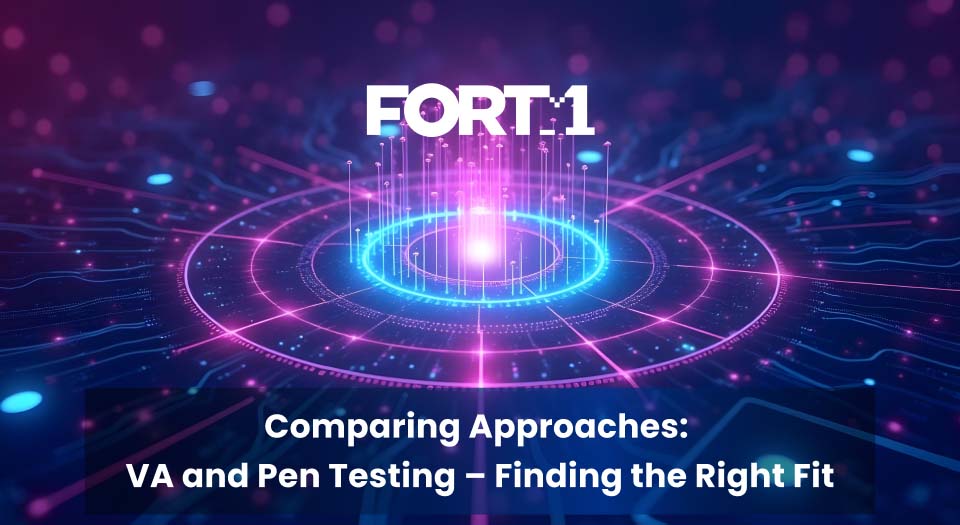 A futuristic digital security network with glowing connections, representing the comparison between Managed Vulnerability Assessments and Penetration Testing.