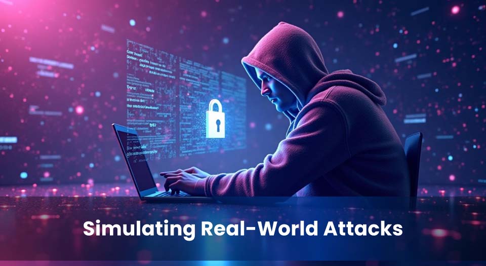 A hooded ethical hacker conducting a penetration test on a laptop, simulating real-world cyberattacks to identify security vulnerabilities in a digital environment.