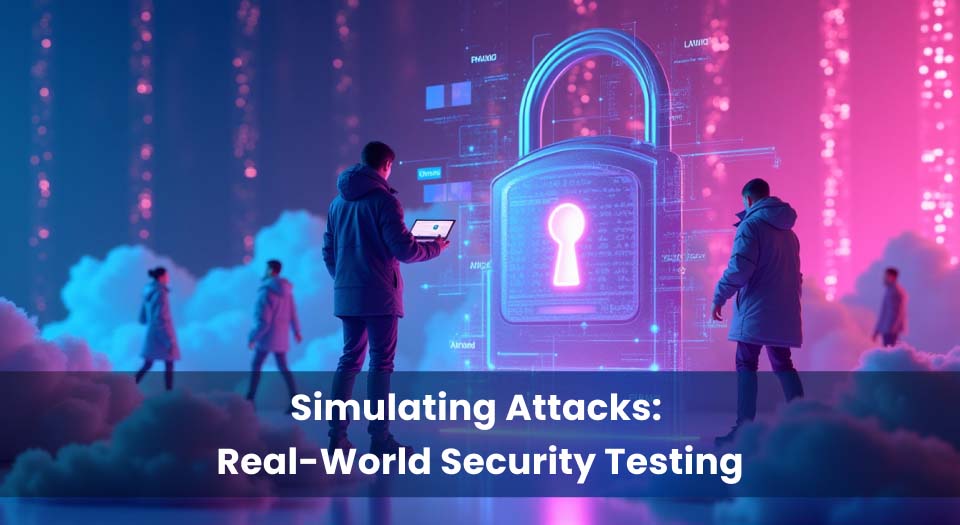 A futuristic cybersecurity scene featuring multiple penetration testers in hooded jackets analyzing a digital interface. A glowing padlock symbolizing security stands in the background, surrounded by floating data streams and a neon-lit atmosphere. The image represents real-world security testing and ethical hacking.