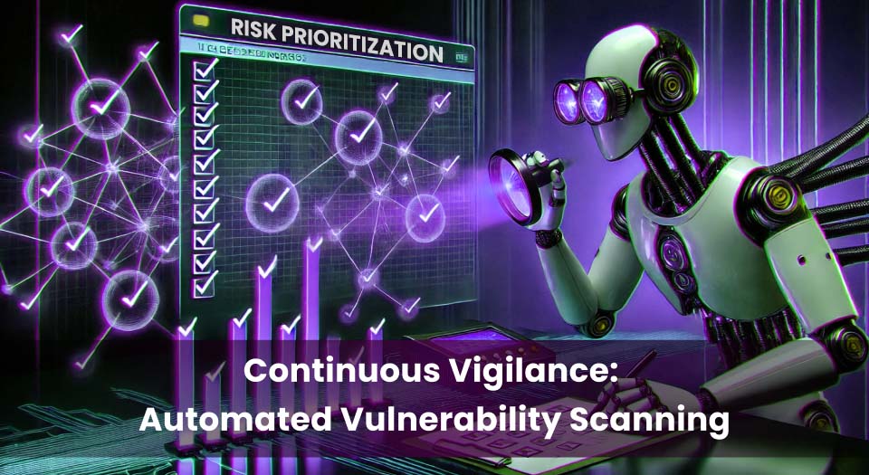 A futuristic humanoid robot analyzing a digital risk prioritization dashboard, which features a checklist of vulnerabilities, interconnected nodes, and a bar graph representing risk levels. The scene is illuminated with a cyberpunk-style purple and green glow, emphasizing automated vulnerability scanning.