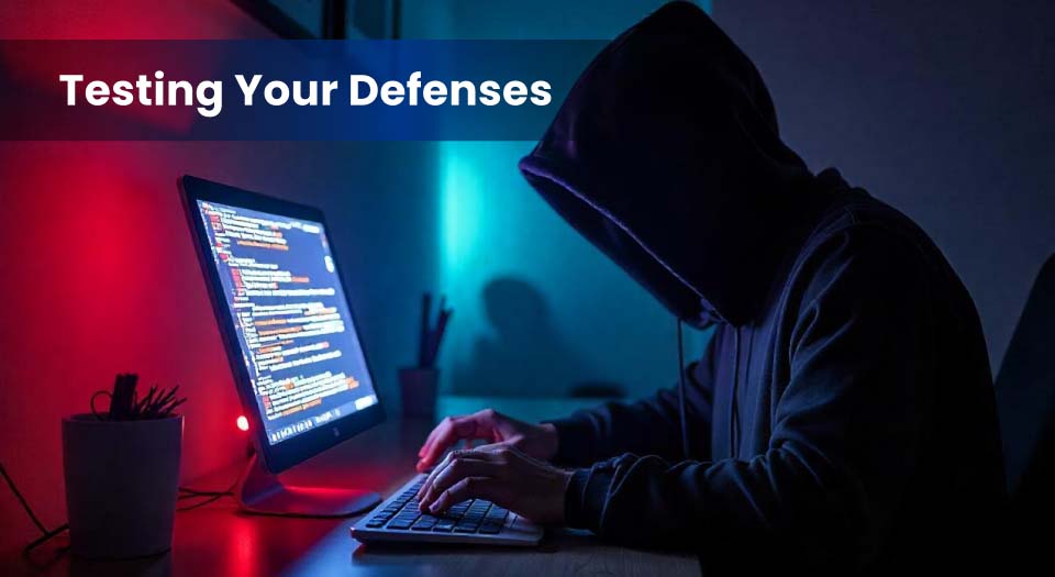 A hooded figure in a dark room typing on a keyboard, with a computer screen displaying lines of code, symbolizing cybersecurity threats, penetration testing, and ethical hacking.