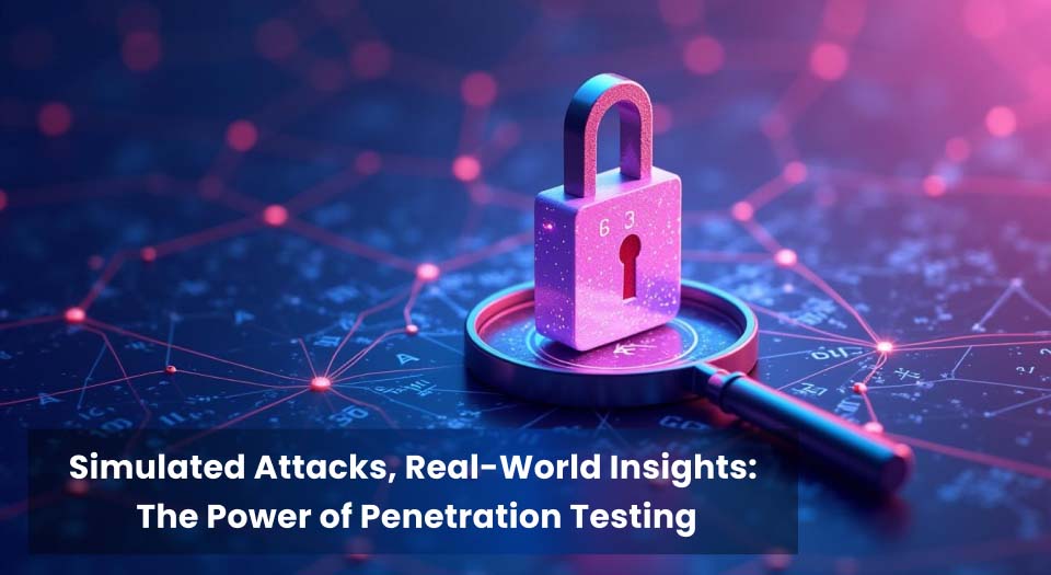 🔍 A magnifying glass examining a digital padlock over a cyber network, symbolizing penetration testing and real-world attack simulations to find vulnerabilities.