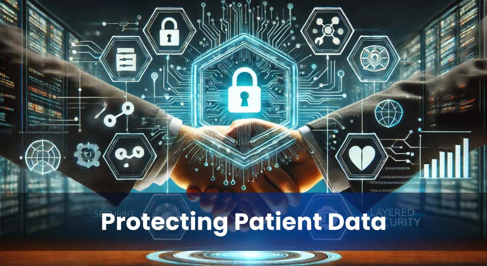 A cybersecurity-themed handshake symbolizing partnership in protecting patient data, surrounded by digital security icons, encryption symbols, and a secure network.