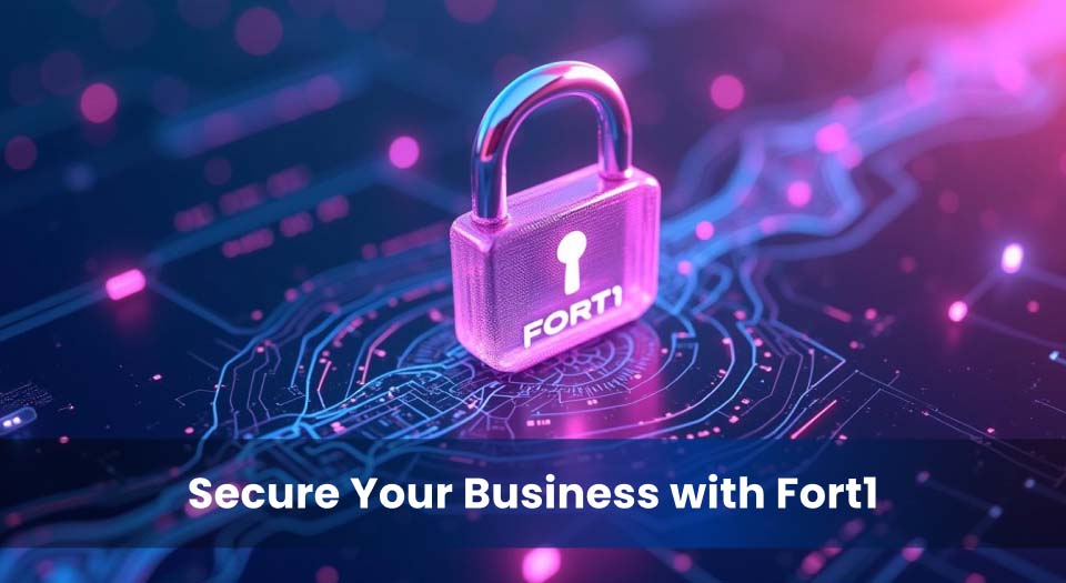 A glowing digital padlock with "Fort1" inscribed, symbolizing cybersecurity protection, data security, and business resilience against cyber threats.
