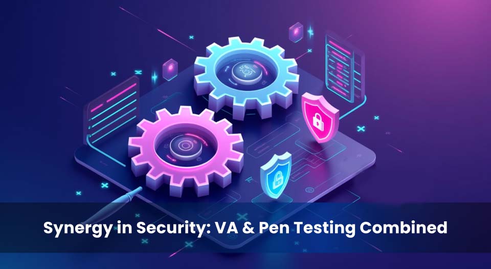 A futuristic digital illustration featuring two interconnected gears on a tablet, symbolizing the synergy between vulnerability assessment (VA) and penetration testing. Surrounding the gears are cybersecurity shields with lock icons, floating data elements, and a stylus, representing security integration and proactive defense strategies.