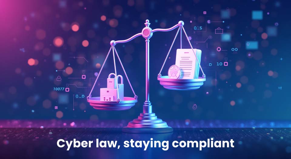 Digital balance scale with cybersecurity icons and legal documents, representing the importance of compliance with evolving cyber laws and data regulations.