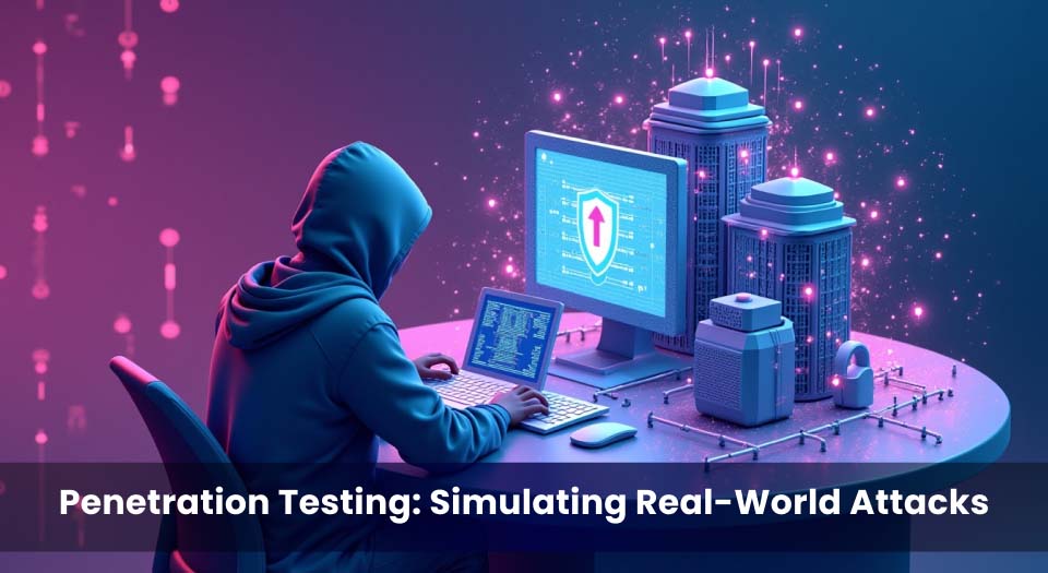 A hooded ethical hacker sits at a computer, conducting penetration testing. The digital scene includes futuristic buildings and a shield icon on the screen, symbolizing cybersecurity and system protection. The image represents simulating real-world cyber attacks to identify vulnerabilities.