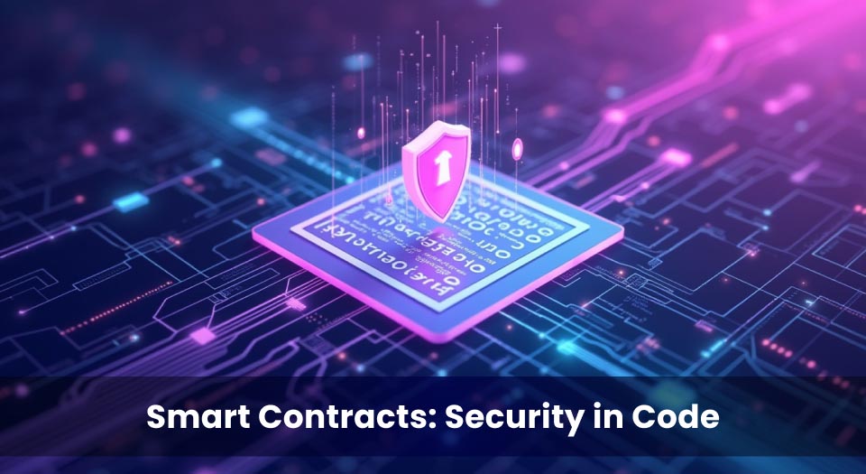A futuristic digital representation of a smart contract with a glowing security shield hovering over it, symbolizing blockchain security and code integrity.