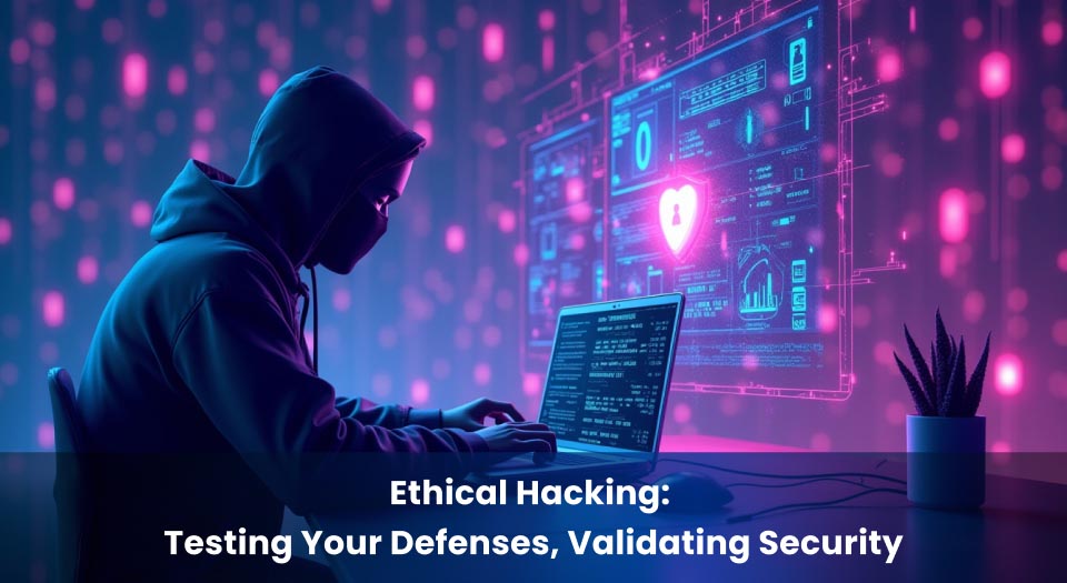 Ethical hacker in a hoodie testing system security on a laptop, surrounded by digital screens with cybersecurity visuals representing penetration testing and validation.