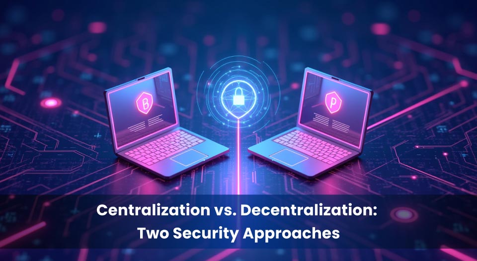 Two laptops representing centralized and decentralized security approaches, connected by a digital lock symbolizing cybersecurity differences.