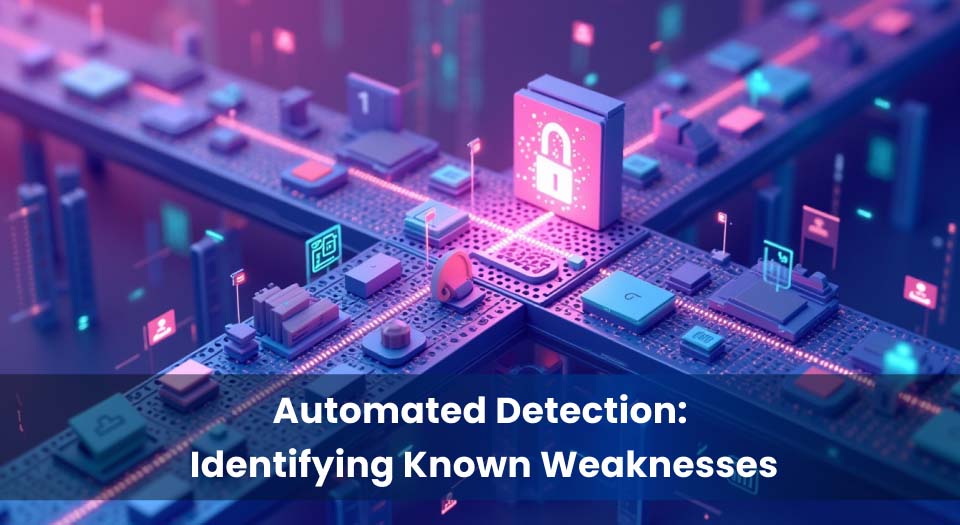 A futuristic 3D digital landscape with microchip-style circuits, glowing icons, and a large lock symbol representing cybersecurity. The image conveys automated systems scanning and identifying vulnerabilities in a complex network.