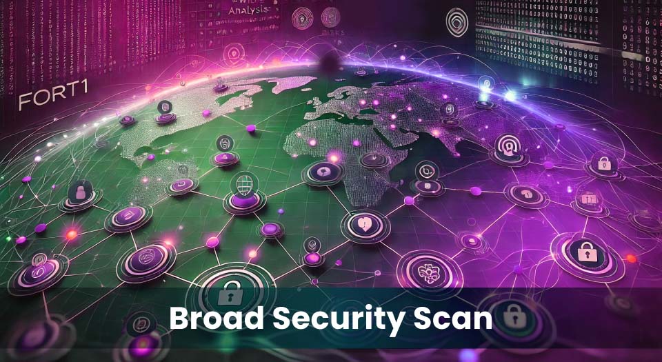 Digital map of a global network with multiple security icons highlighted, representing a vulnerability assessment and broad security scan in cybersecurity strategy.