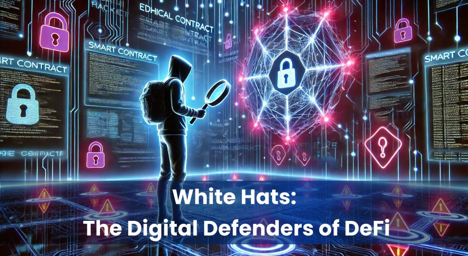 A digital illustration showing a hooded ethical hacker in a futuristic cyber environment, analysing smart contracts with a magnifying glass. Surrounding them are holographic displays of blockchain-based terms like "SMART CONTRACT" and "ETHICAL CONTRACT", with padlock icons symbolising security, reflecting the role of white hat hackers in protecting DeFi systems.