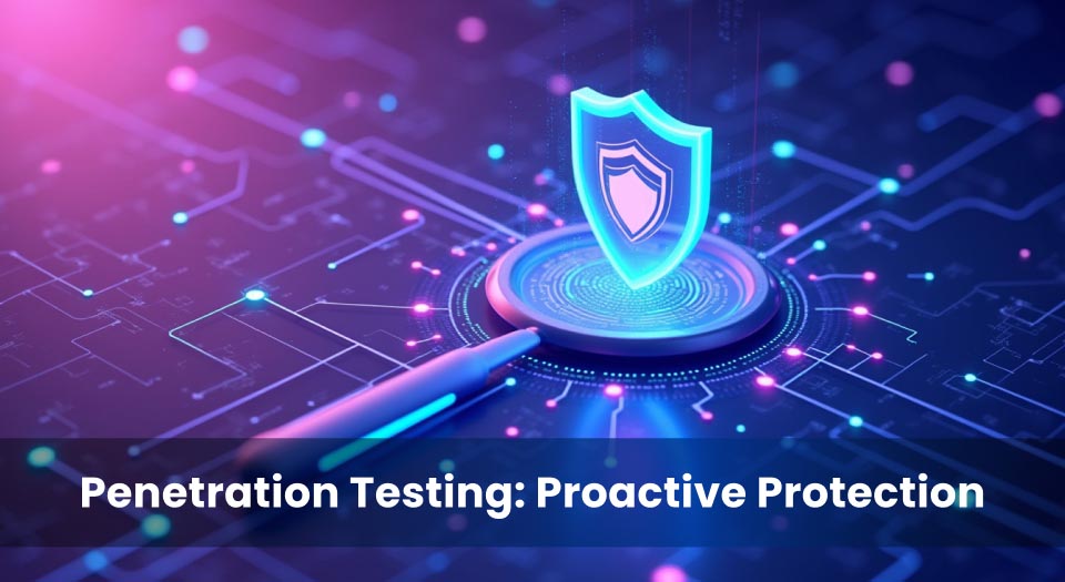 Digital shield on a futuristic blockchain interface symbolising how penetration testing helps prevent blockchain attacks and exploits.