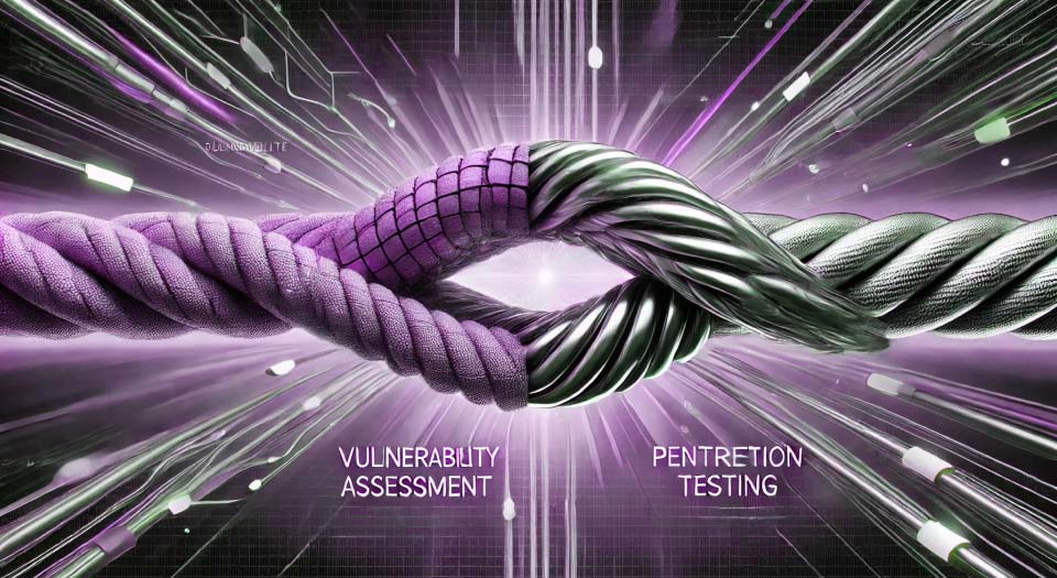 A visually striking 3D image of two intertwined cables—one purple and textured, symbolizing Vulnerability Assessment (VA), and the other metallic and smooth, representing Penetration Testing (PT). The cables combine into a single, stronger cable under the concept of Holistic Security, with a digital burst and high-tech background.