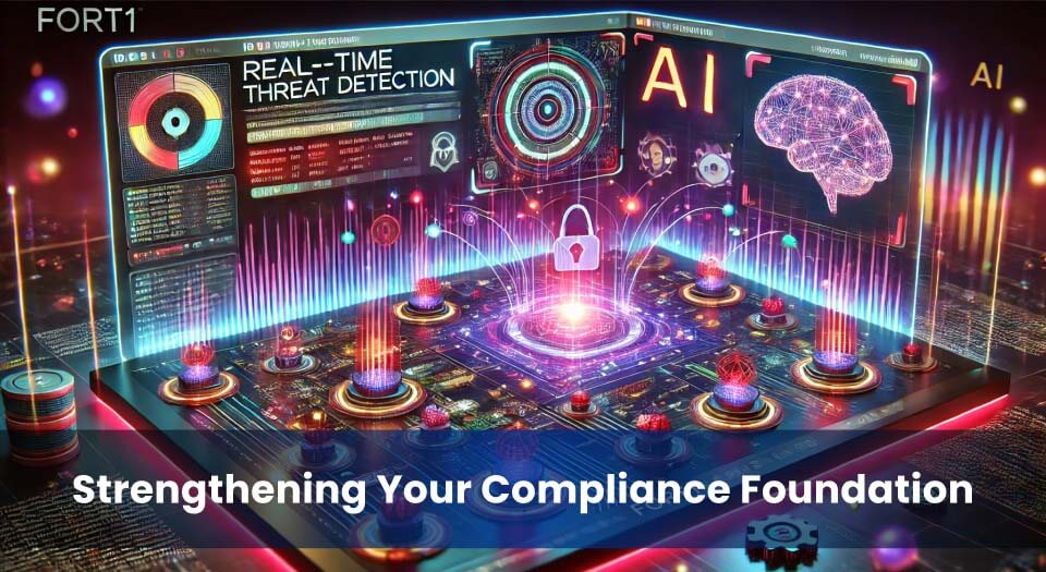 Futuristic cybersecurity interface showing real-time threat detection and AI, representing how vulnerability assessments and penetration testing support compliance.