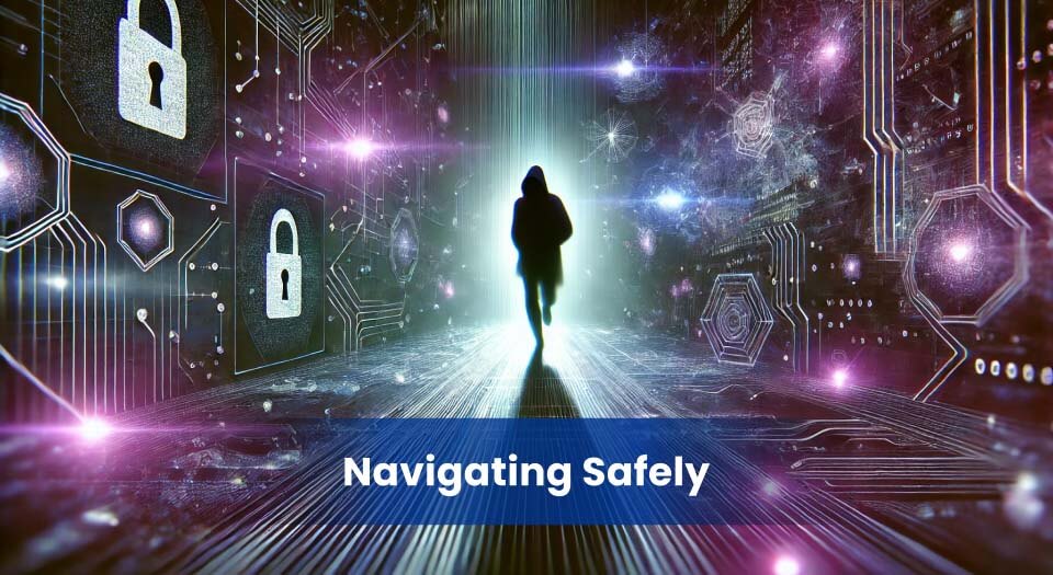 A lone cybersecurity figure walking through a glowing secure pathway in a dark digital environment, symbolising safe navigation of the dark web.