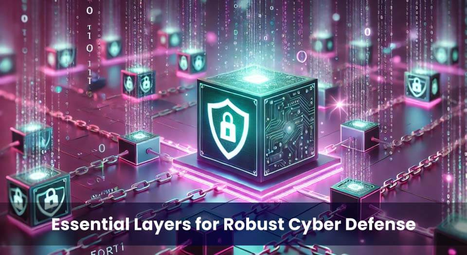 A futuristic digital cube with a glowing shield icon at its center represents layered cybersecurity. Surrounding blocks and chains symbolize interconnected security components like risk assessment, access control, and threat monitoring in a vibrant, neon-lit cyber environment.