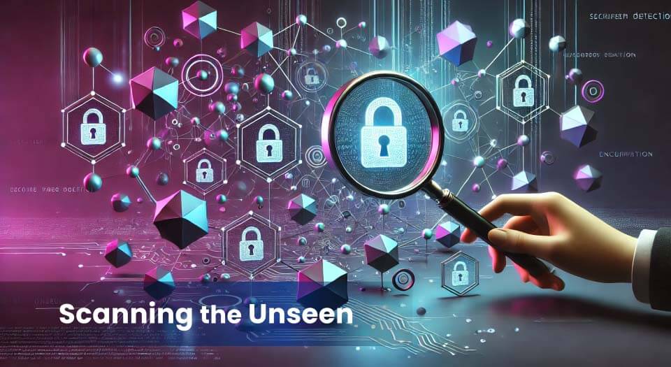 A stylised digital magnifying glass hovering over encrypted data nodes, symbolising dark web monitoring tools scanning for hidden cyber threats.