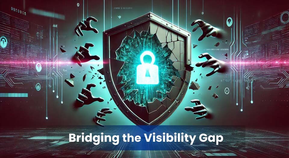 A cracked digital shield with glowing data inside, as shadowy hands reach through the breach—symbolising cyber threats targeting unmonitored vulnerabilities.